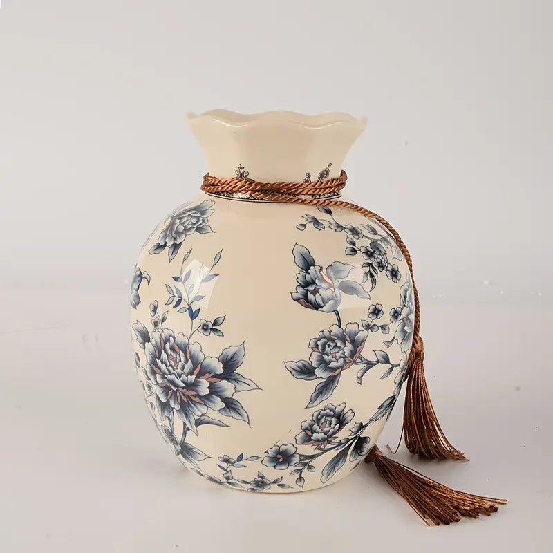 Vase en céramique vintage élégante avec motif craquelé - Design floral bleu