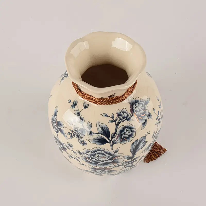 Vase en céramique vintage élégante avec motif craquelé - Design floral bleu
