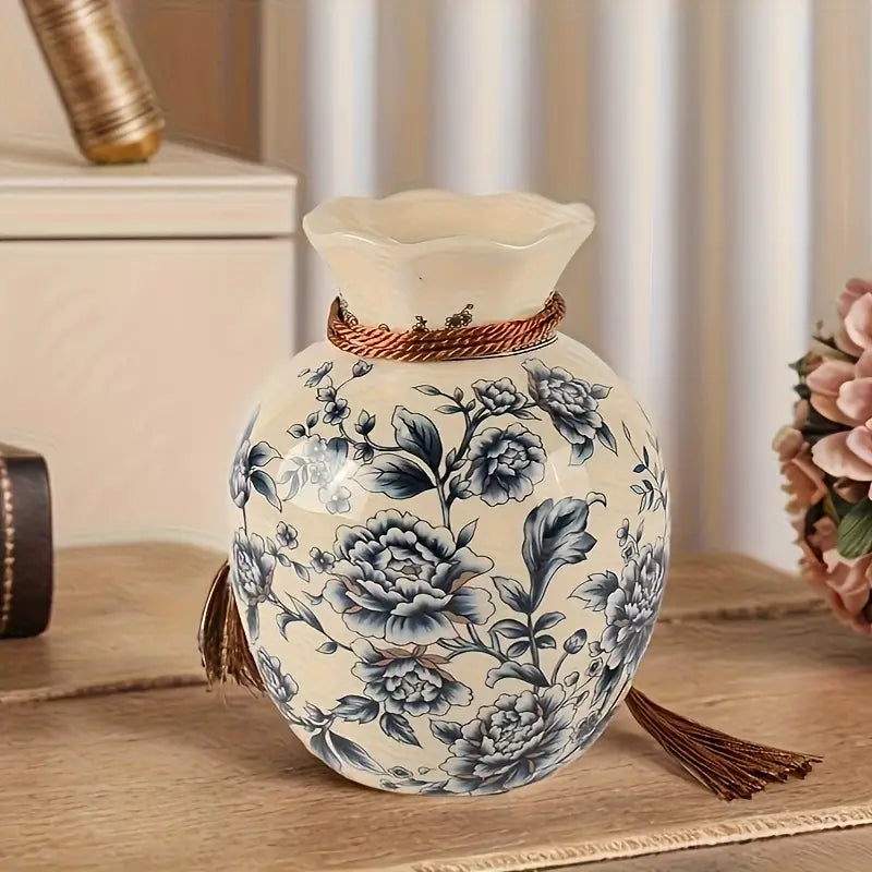 Vase en céramique vintage élégante avec motif craquelé - Design floral bleu